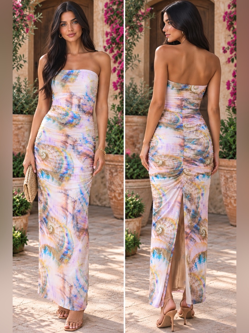 Anthropologie AFRM Marlo Ruched Mesh Strapless Dress Pastel Print Size Large